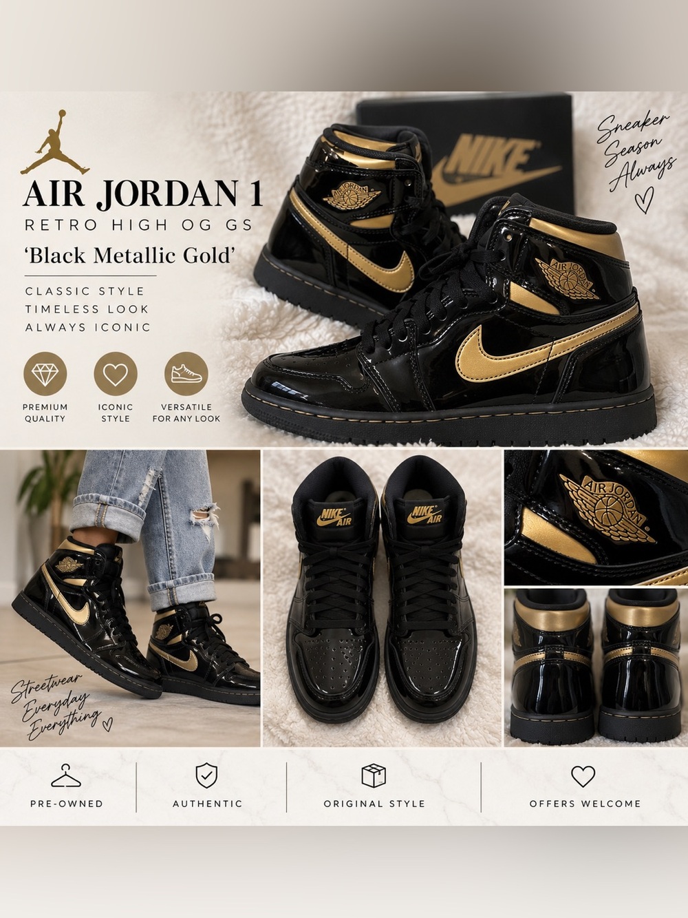 Air Jordan 1 Retro High OG GS 'Black Metallic Gold'